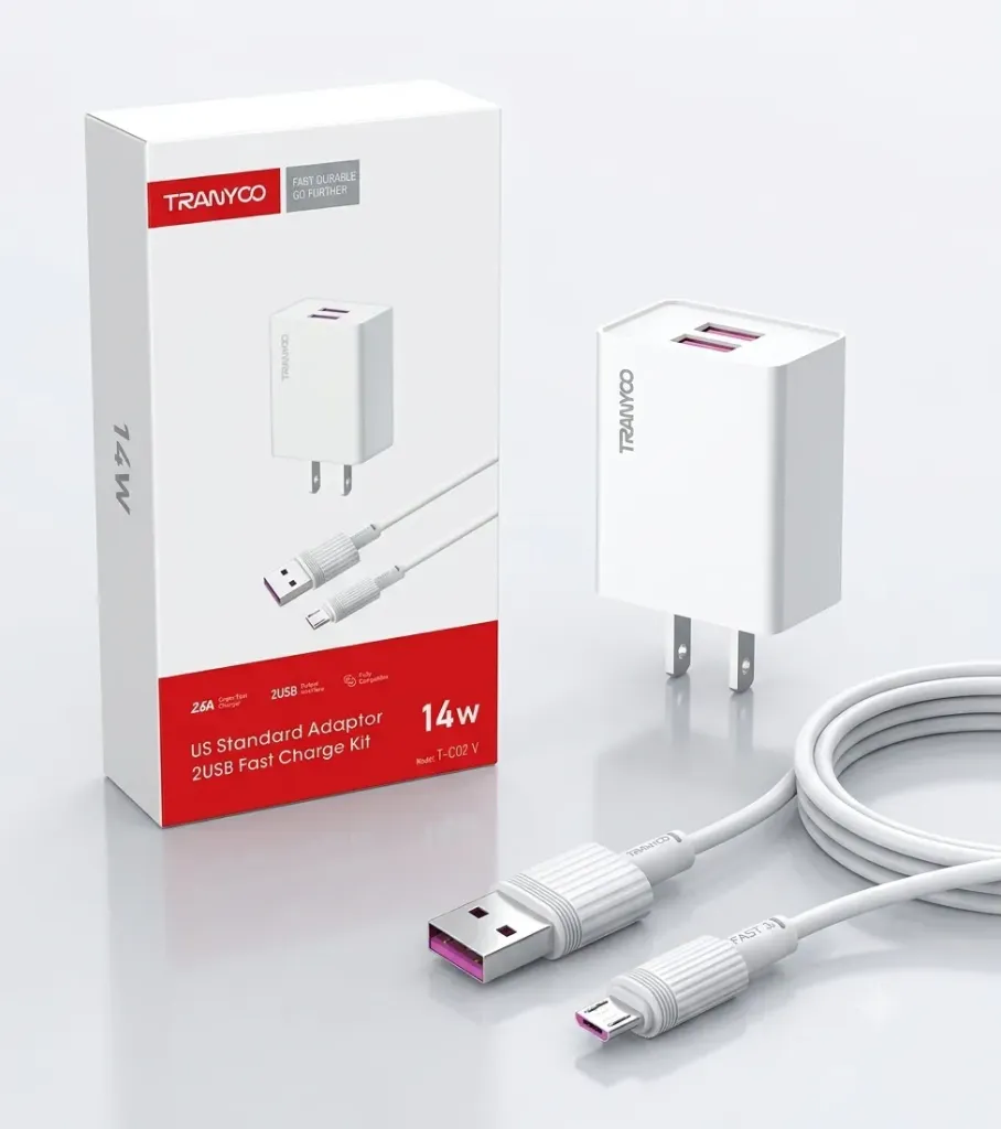 Cargador 2P-(2xUSB) Cable USB-MICRO TRANYOO T-C02 14W