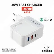 [A838] Cargador  (USB & TPC) Cable IP 3 ASPOR A838 PD 30W QC3.0