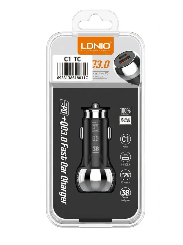 Cargador para Auto Carga Rápida LDNIO C1 (38W) - USB-C PD + QC 3.0