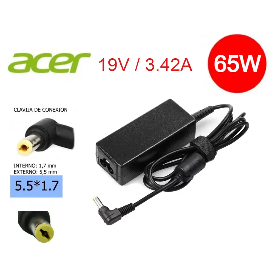 [AC 65W 5.5x2.5] Cargador Acer AC 19V 2.37A PUNTA REDONDA AMARILLA